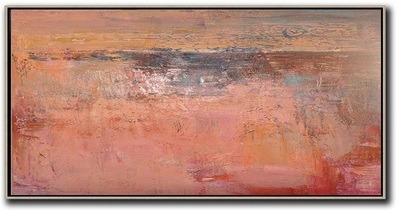 Horizontal Palette Knife Contemporary Art,Large Wall Canvas,Pink,Earthy Yellow,Brown,Red